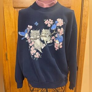 Vintage Morning Sun Navy Blue Crew Sweatshirt Cats Bluebirds Grannycore Large??